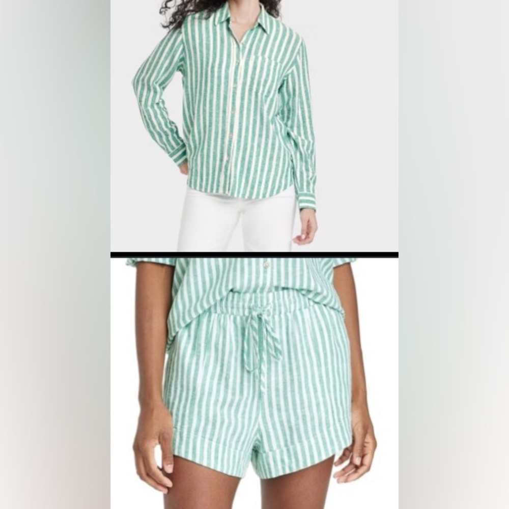 Green and White Striped Button-Up Shirt and Shorts Set - Picture 3 of 16